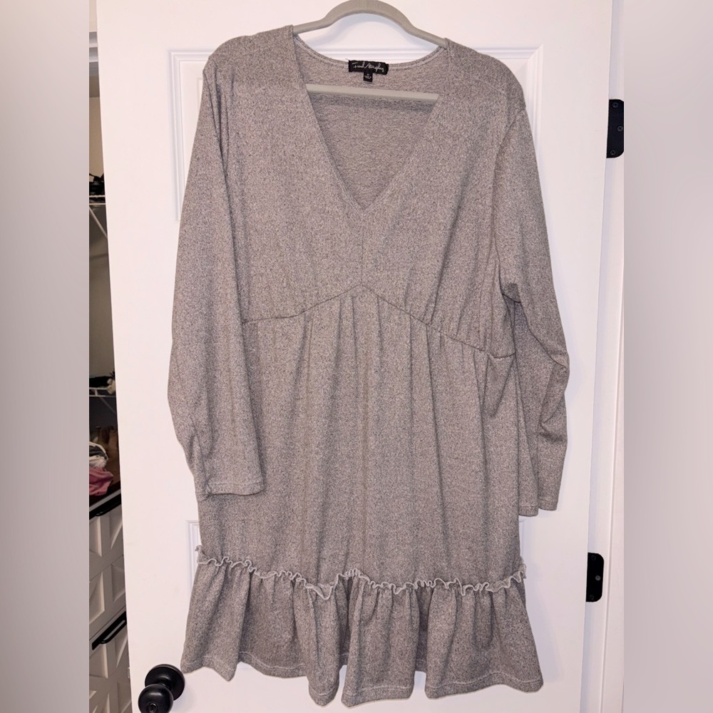 Gray V-Neck Ruffle Hem Dress